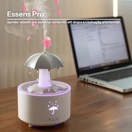 Essens Pro aromadiffuser sprider väldoft vid arbetsplats med laptop i bakgrunden