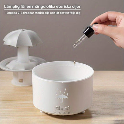 Eterisk olja droppas i vit aromadiffuser med 300 ml kapacitet för doftspridning och avslappning