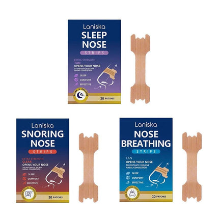 Tre förpackningar av Lanisca Nose Strips – Sleep, Snoring och Breathing varianter med tillhörande näsremsor