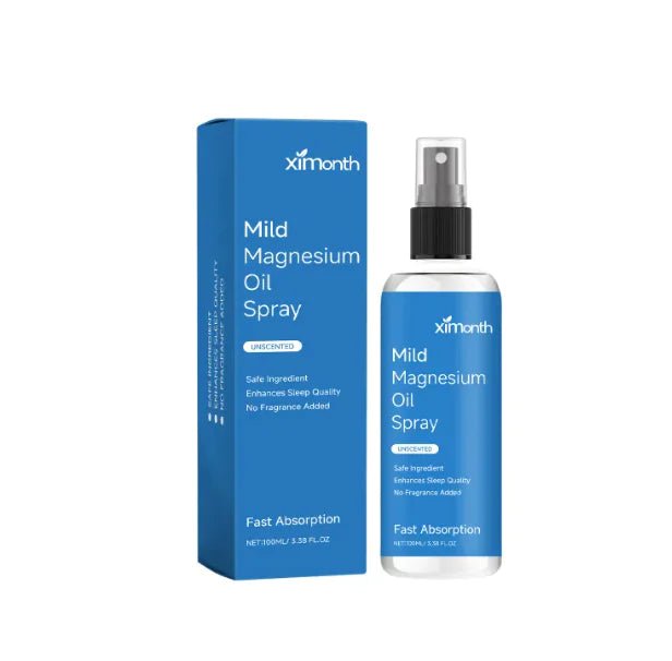Mild Magnesium Oil Spray från Ximonth i blå förpackning, 100 ml med snabb absorbering och parfymfri formula