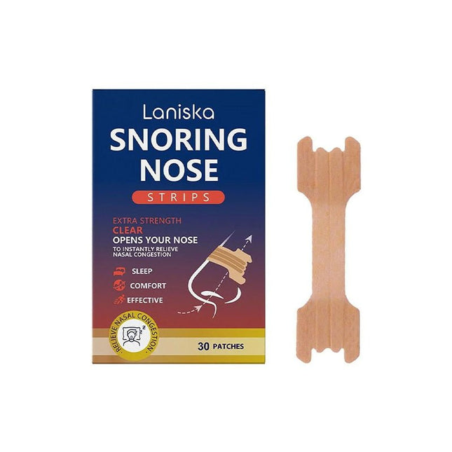 Förpackning med Lanisca Snoring Nose Strips och en näsremsa – mot snarkning och för lättare andning