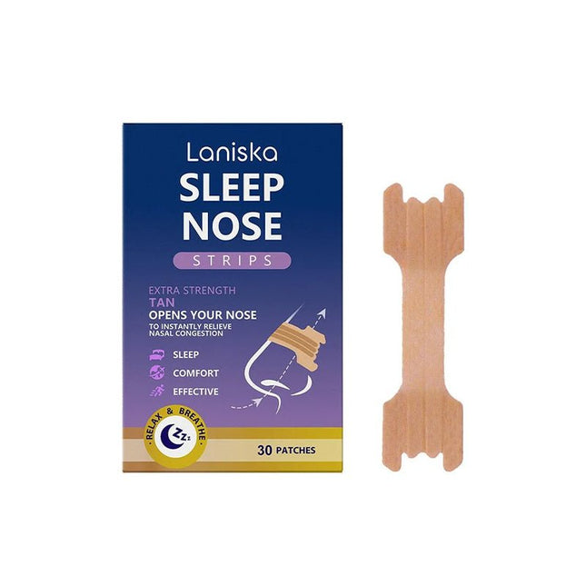 Förpackning med Lanskia Sleep Nose Strips och en näsremsa – för bättre andning och sömn