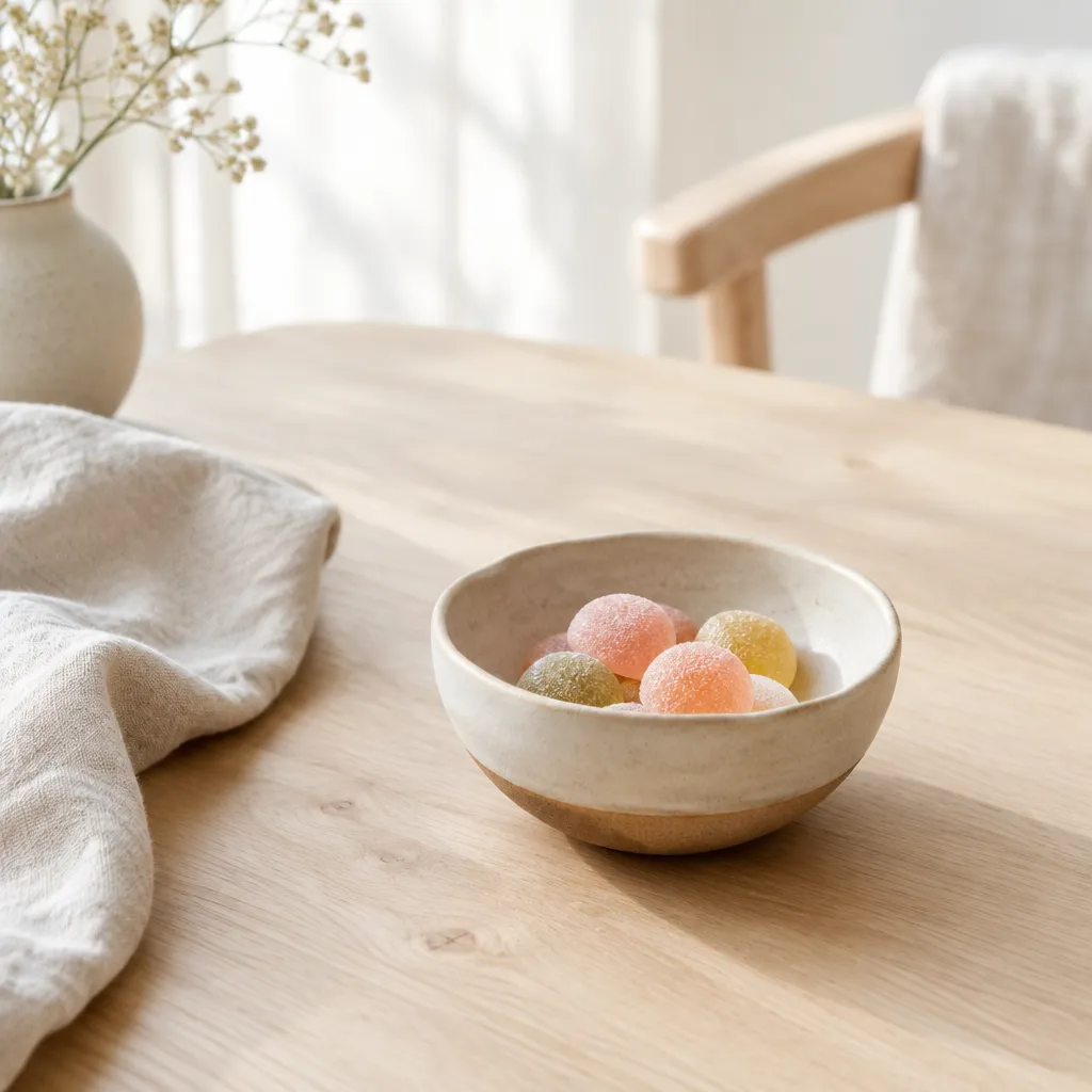 Keramikskål med några mjuka fruktgummin på ljust trä