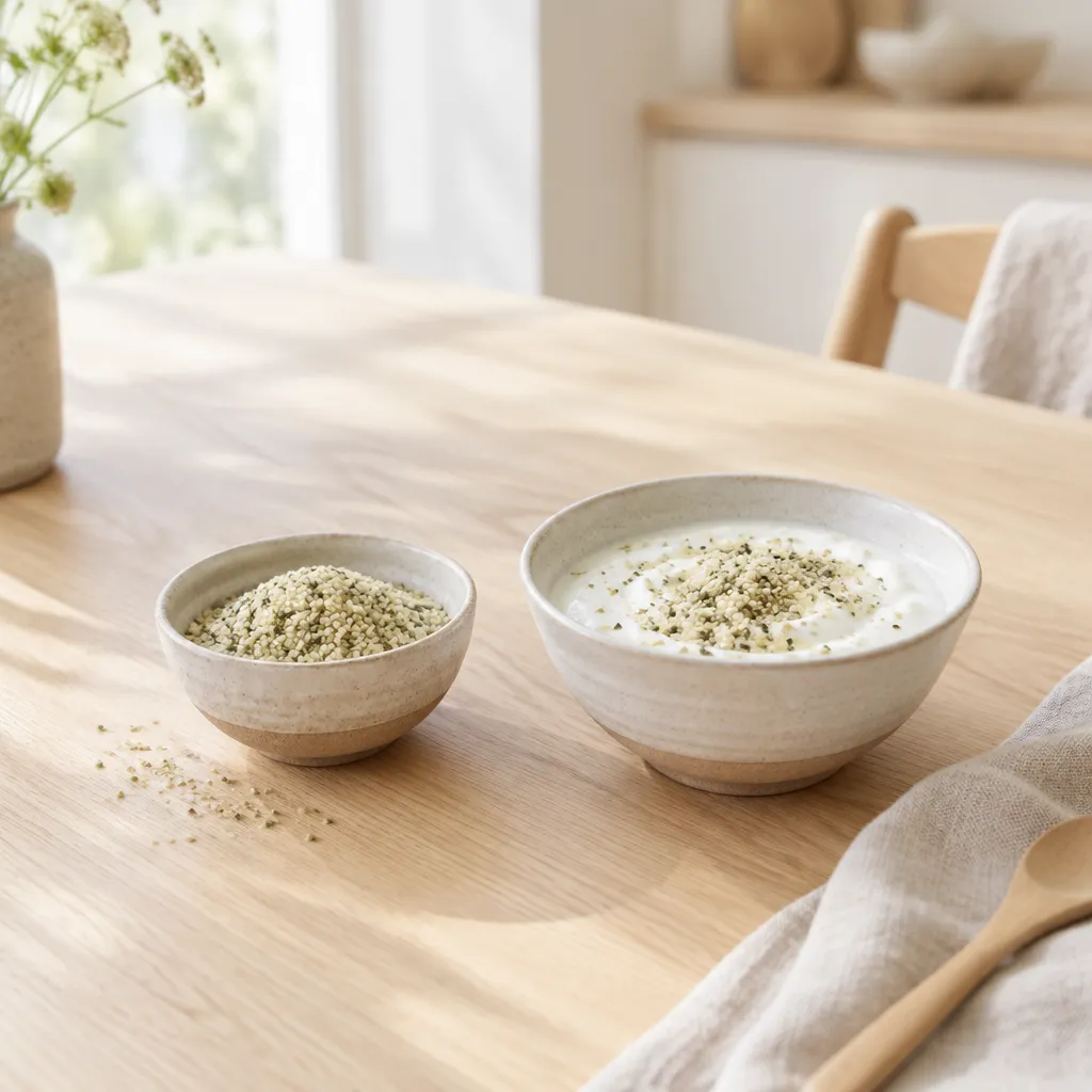 Skål med skalade hampafrön på ett ljust köksbord
