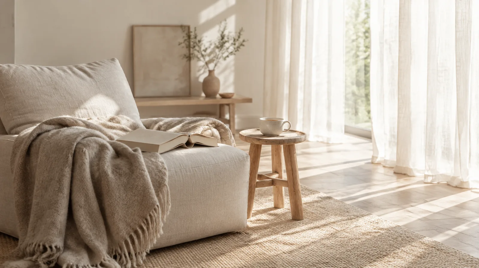 Läshörna med linnefåtölj, ullpläd och en uppslagen bok i morgonsol