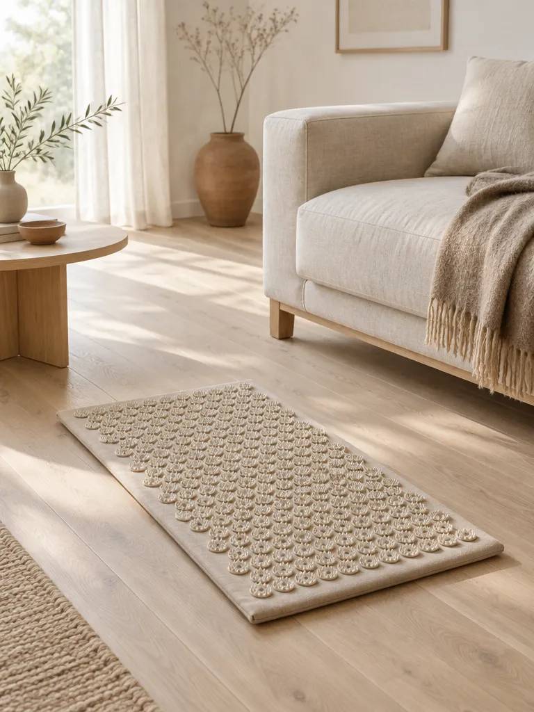 Beige spikmatta utrullad på ett ljust trägolv
