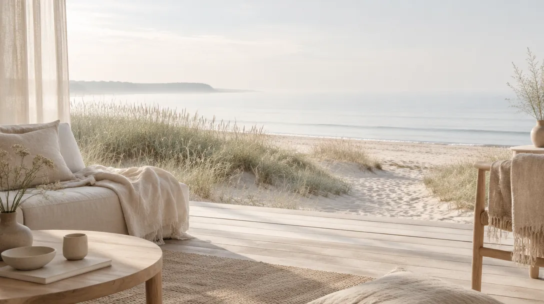 Ljus sandstrand med högt gräs i morgondis och ett stilla hav