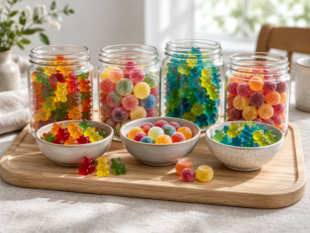 Färgglada runda och björnformade gummibitar i fyra etikettlösa glasburkar och tre skålar på en ljus träbricka i morgonljus