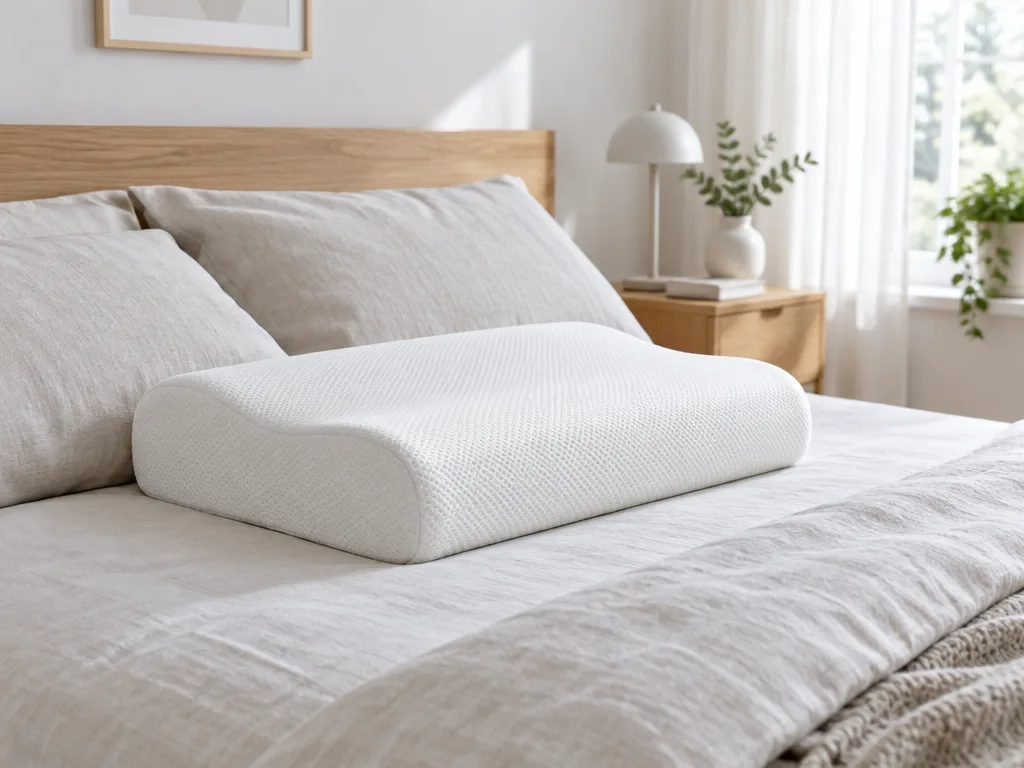 En vit ergonomisk konturkudde med vågform i en bäddad säng med ljusa lakan
