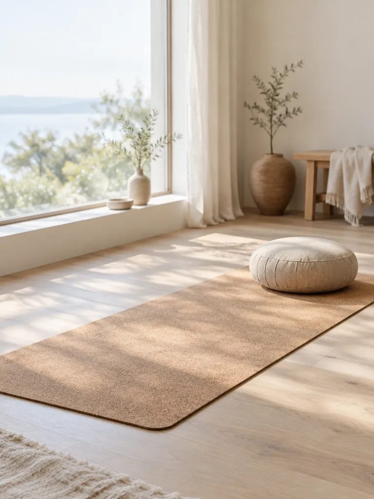 Utrullad korkmatta och meditationskudde vid ett stort fönster